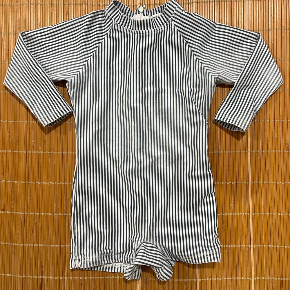 Minnow unisex navy blue and white stripes swim rashguard one piece, size 2T